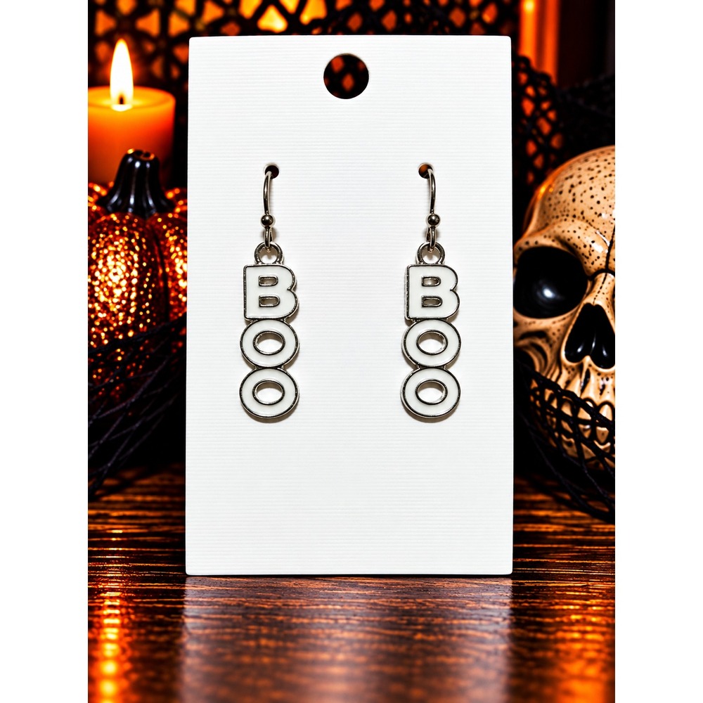 Handmade BOO Earrings White Enamel Halloween Spooky Silver Dangle Earrings